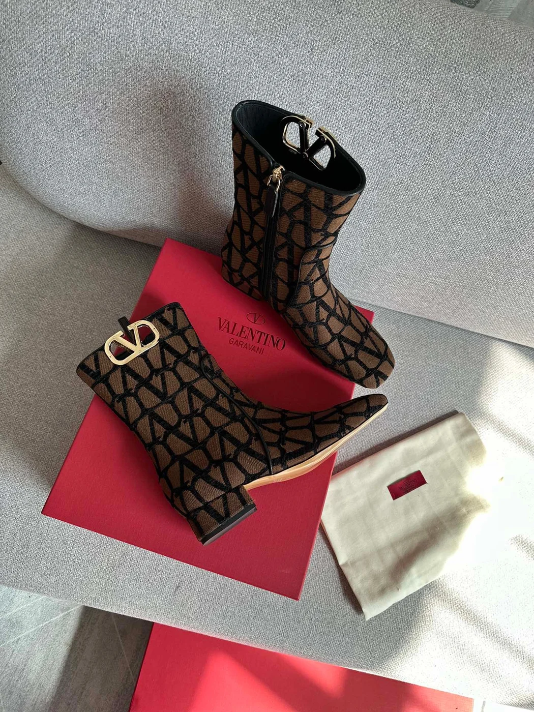 Valentino Women Brown Fabric Logo Pattern Boots product view 1