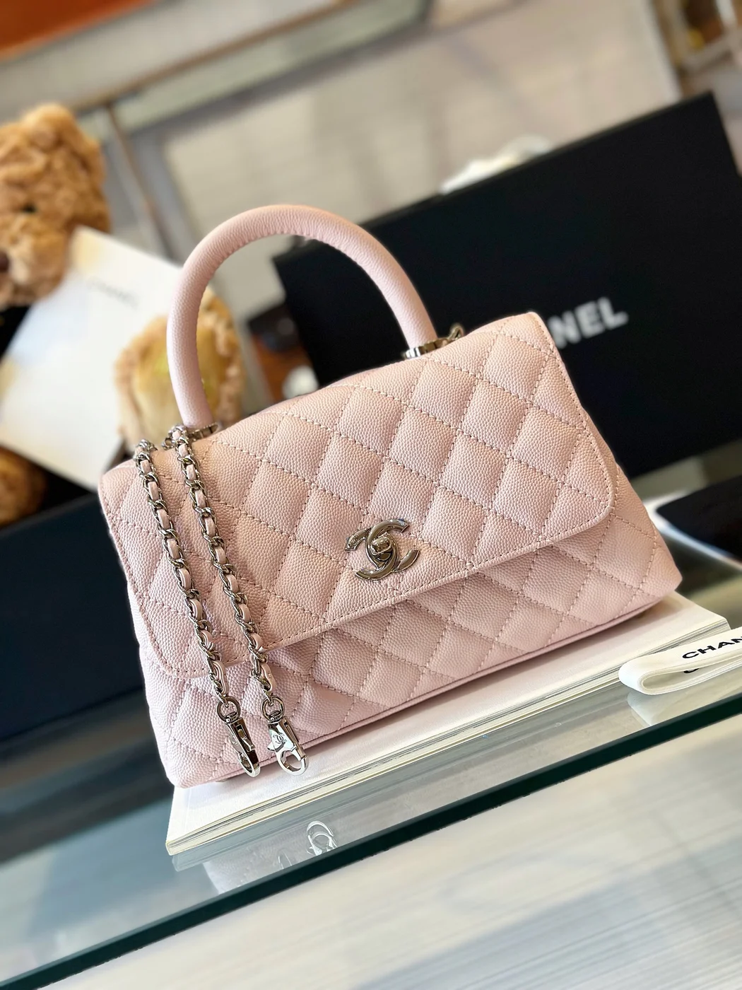 Chanel Coco Handbags Leather Pink With Silver Lock 23 cm product view 2