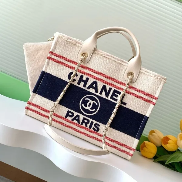 Chanel Shopping Bag 34 In White Red And Navy Blue Canvas product photo