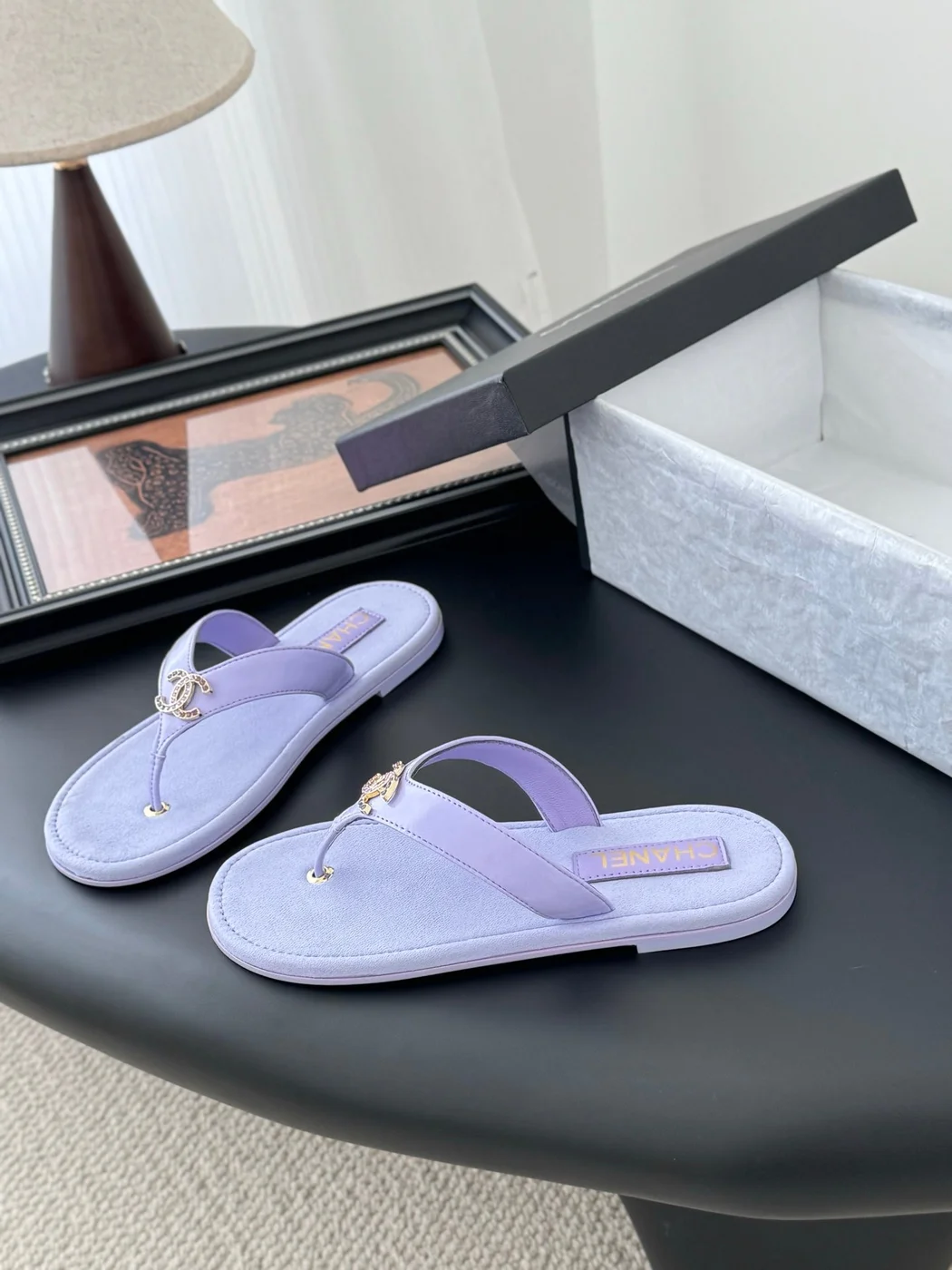 Chanel Women Light Purple Leather Slides product view 2