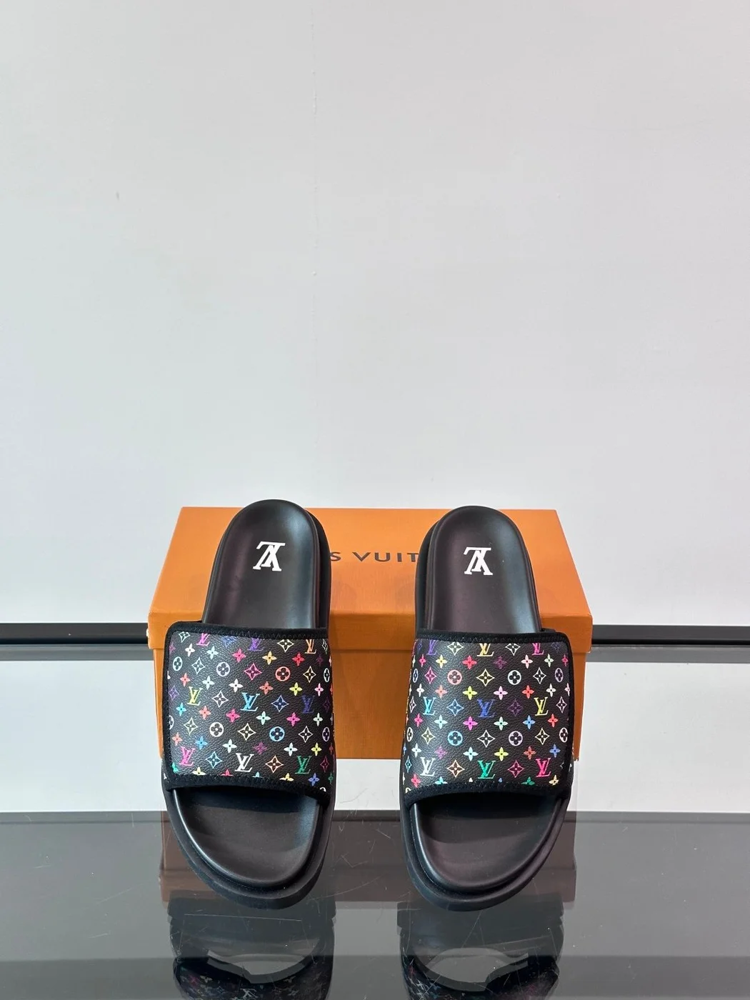Louis Vuitton Men Black Canvas Multicolor Print Slides product view 6