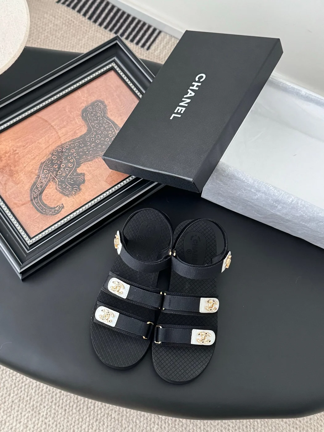 Chanel Women Black Fabric Logo Strap Sandals product view 1