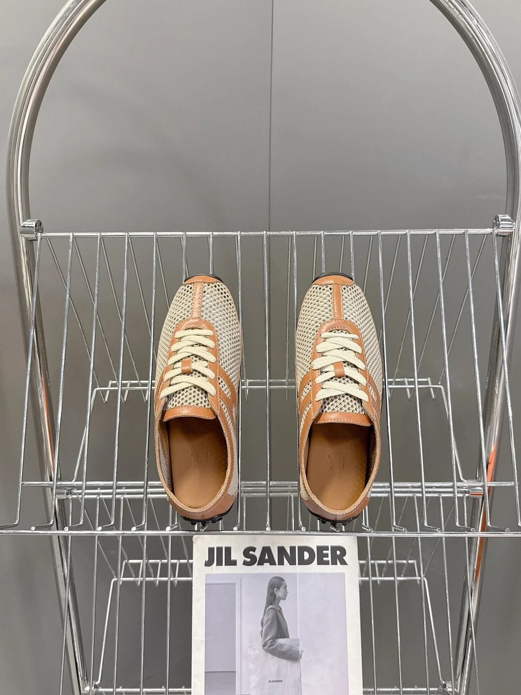 Hermès Women Beige Mesh And Tan Leather Sneakers product view 2