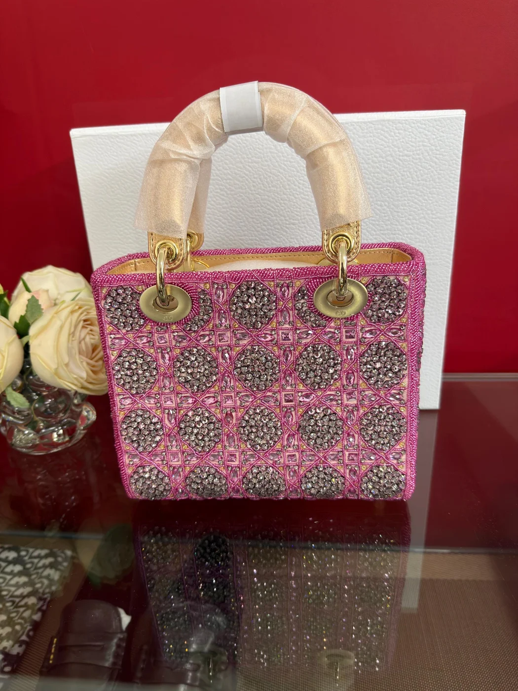 Dior Lady Bag Metallic Calfskin & Satin with Rose Des Vent product view 6