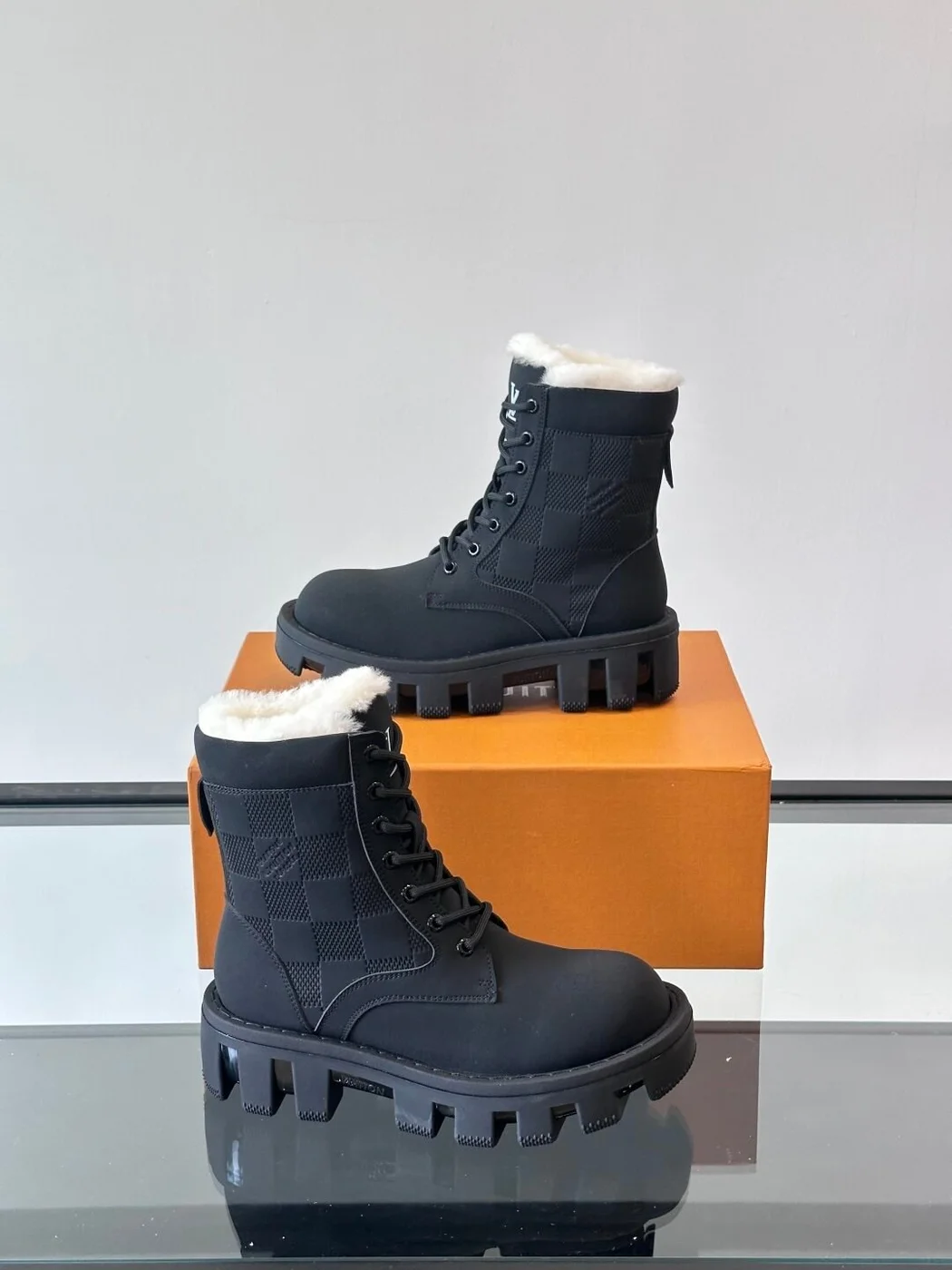 Louis Vuitton Men Black Leather Fur Lined Boots product view 4