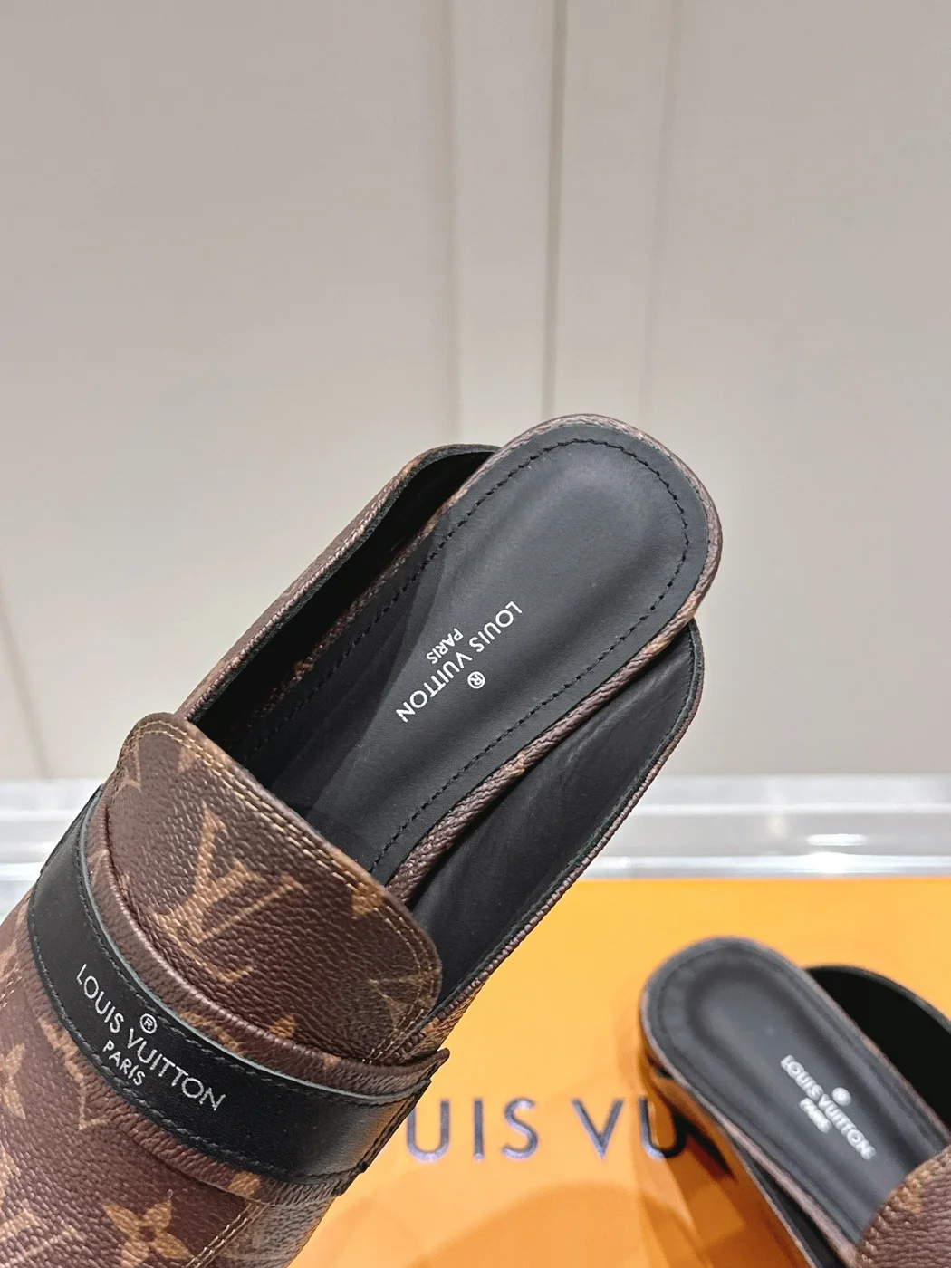 Louis Vuitton Women Brown Leather Monogram Mules — Black Strap Detail product view 2
