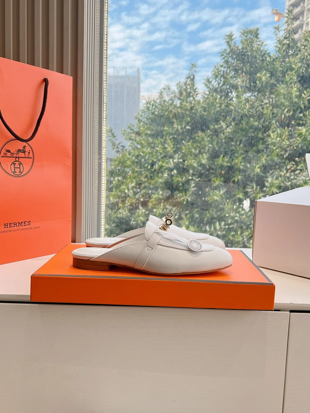 Hermès Women White Leather Mules — Metal-Bar Loafer Style product view 2