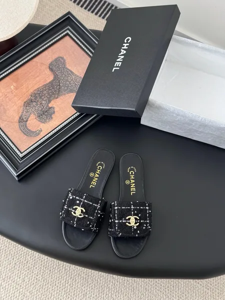 Chanel Women Black Tweed Leather Slides product photo