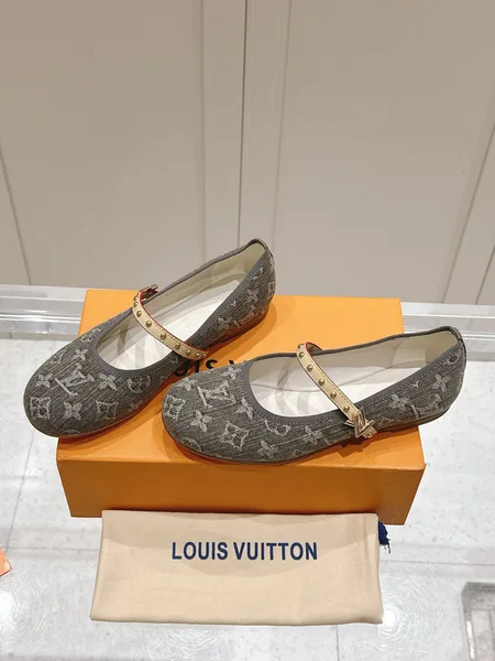 Louis Vuitton Women Gray Fabric Studded Strap Flats product photo