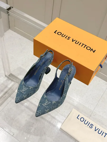 Louis Vuitton Women Blue Denim Leather Trim Slingback Heels product photo