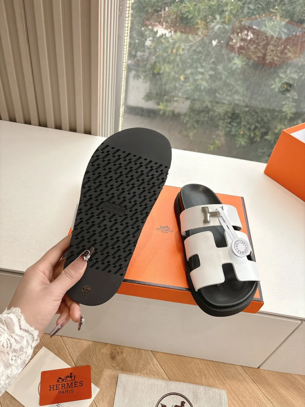 Hermès Women White and Black Double H-Strap Slide Sandals product view 2