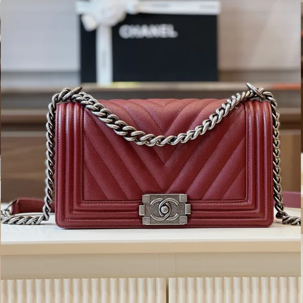 Chanel Boy Medium Handbag Woman’s V-Pattern Red Leather 25 cm product photo