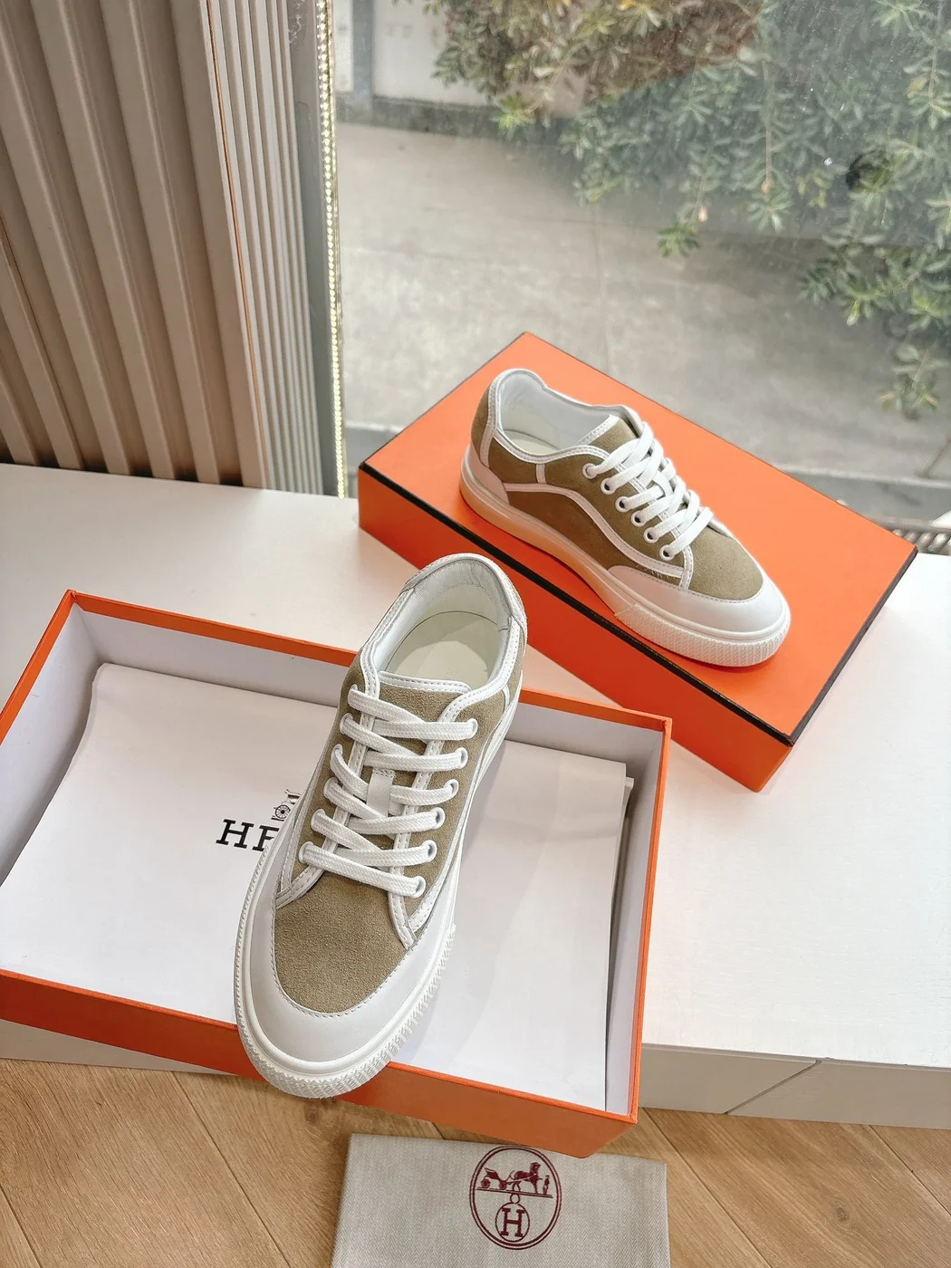 Hermès Women Beige Suede White Leather Sneakers product view 3