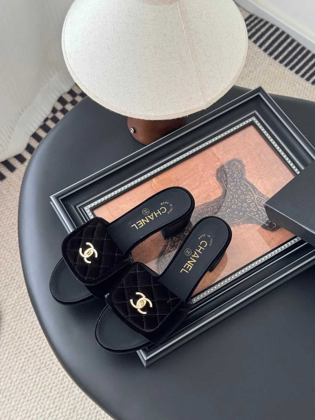 Chanel Women Black Quilted Velvet Slides product view 2