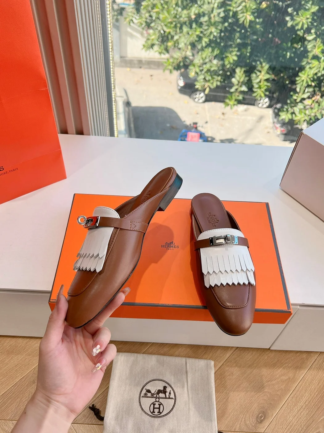 Hermès Women Brown White Leather Fringe Mules product view 6