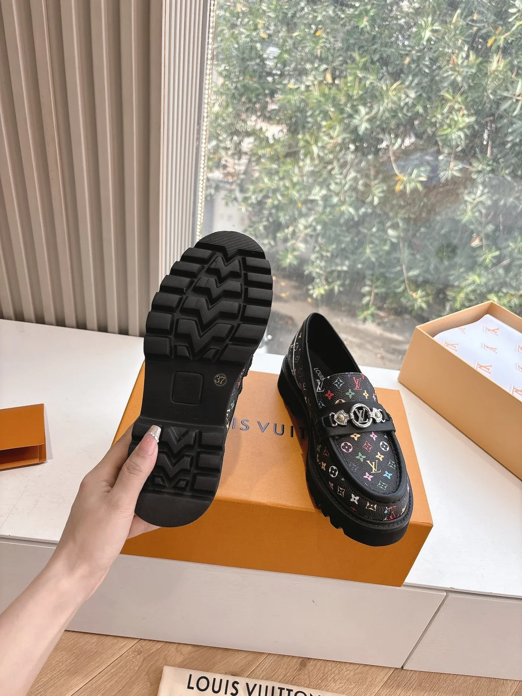 Louis Vuitton Women Black Patterned Leather Loafers product view 2