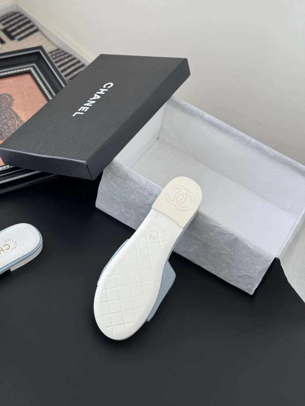 Chanel Women Quilted-Fabric Slides — Pale Blue and White product view 4