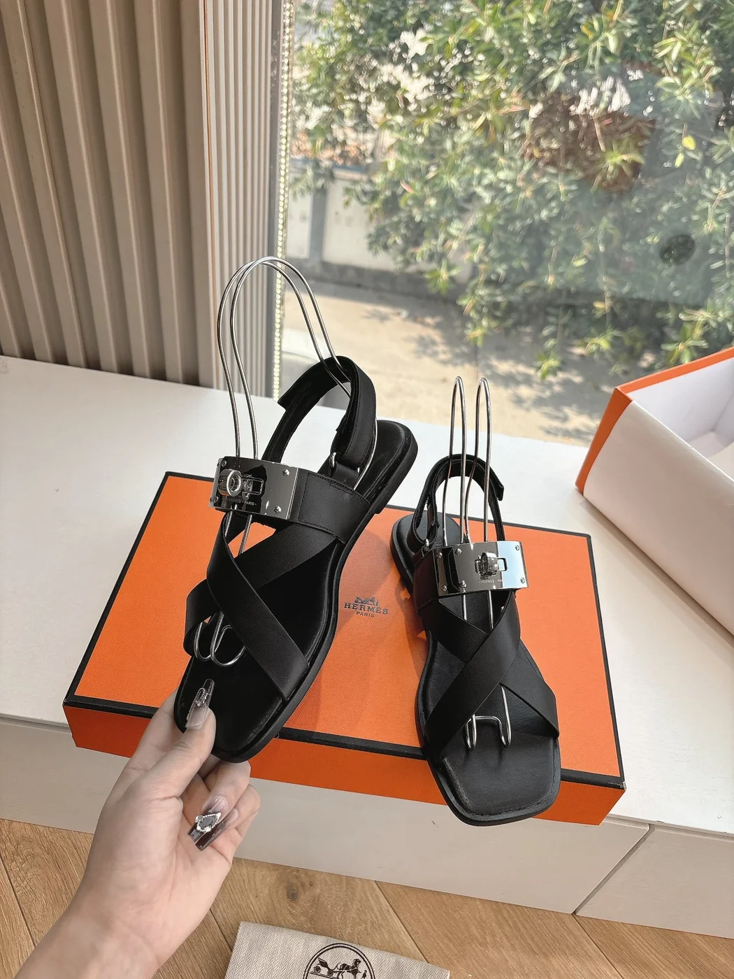 Hermès Women Black Leather Strappy Sandals — Buckle-Detail T-Strap product view 6