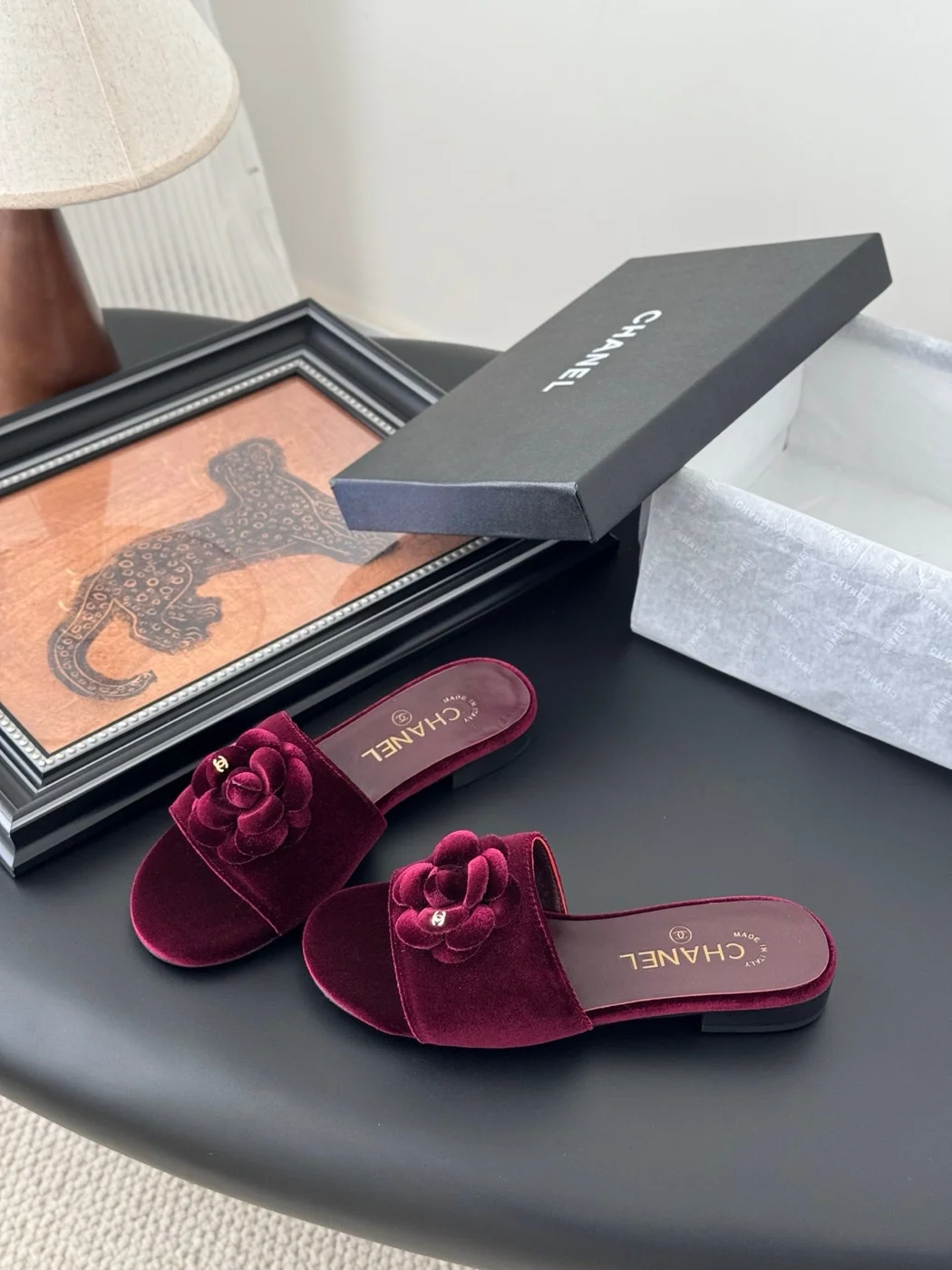Chanel Women Burgundy Velvet Camellia Slides product view 2