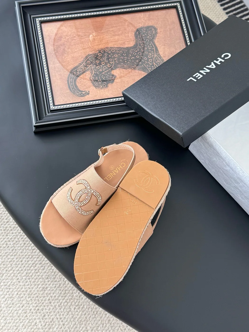 Chanel Women Beige Canvas Crystal Logo Sandals product view 5