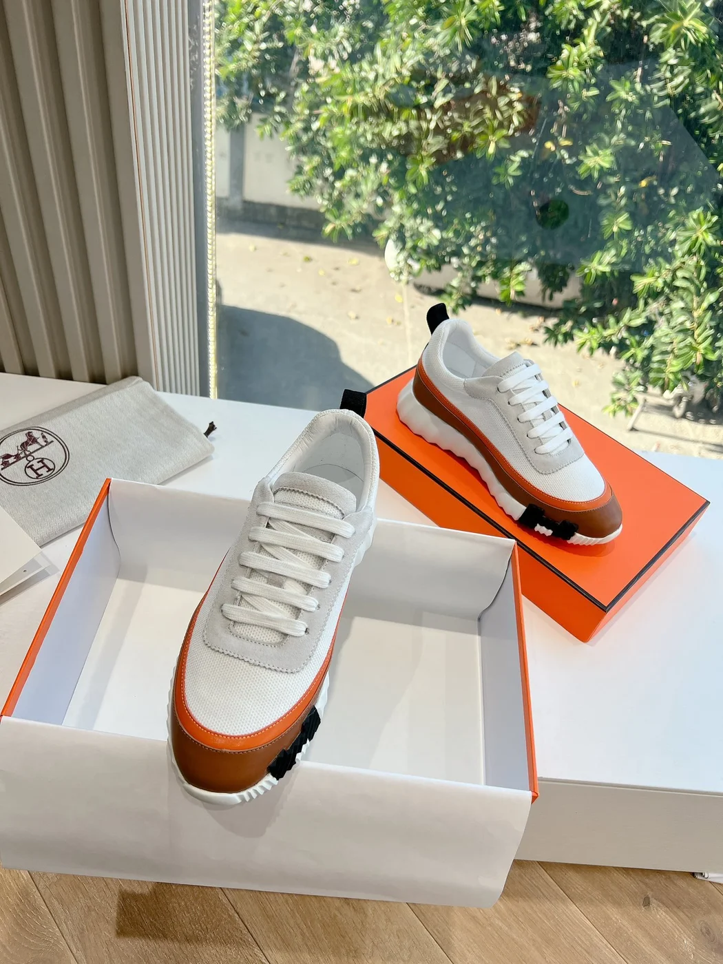 Hermès Women White Brown Leather Mesh Sneakers product view 5