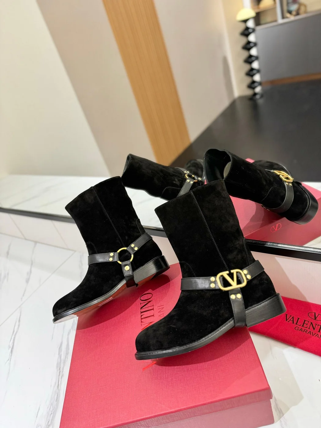 Valentino Women Black Suede Strap Boots — Ankle Height product view 2