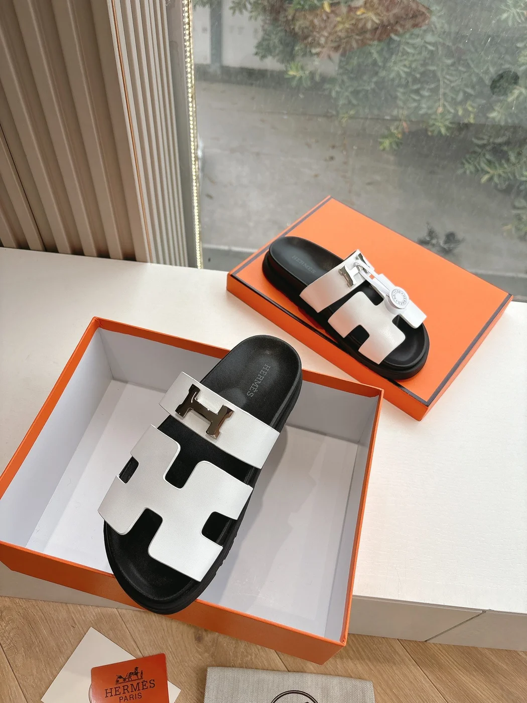 Hermès Women White and Black Double H-Strap Slide Sandals product view 4