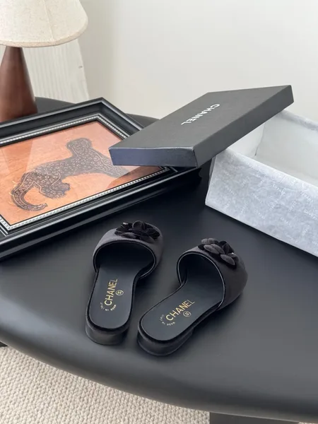 Chanel Women Black Velvet Flower Embellished Slides product view 5