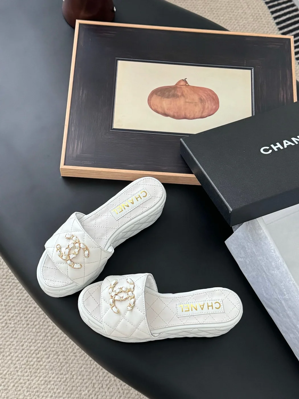 Chanel Women White Quilted Leather Slides — Chain-Woven CC Detail product view 6