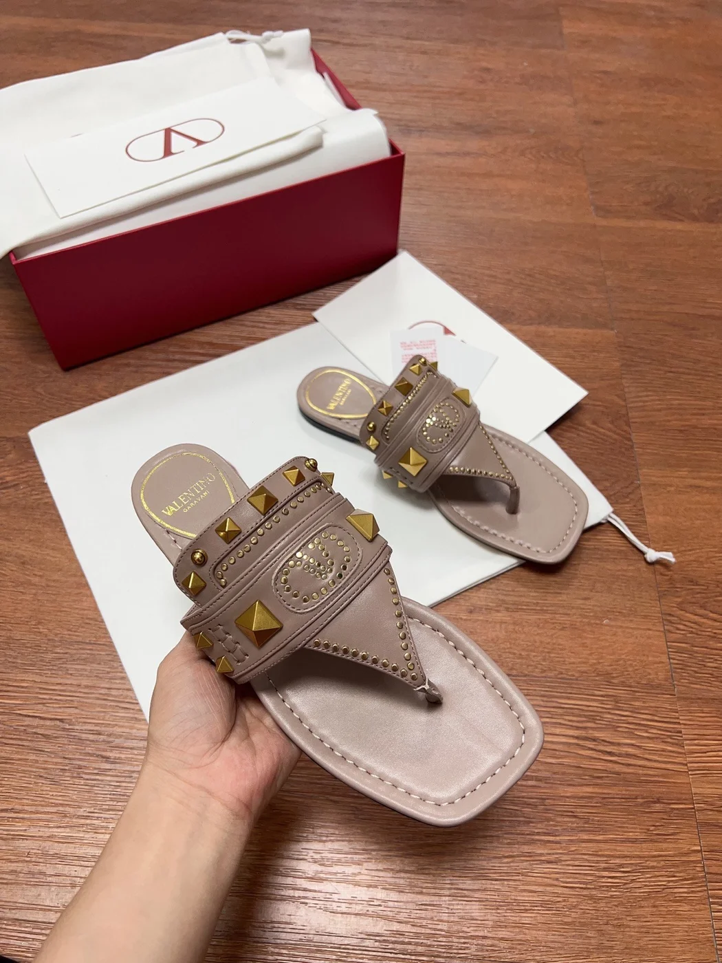 Valentino Women Taupe Leather Studded Sandals product view 4