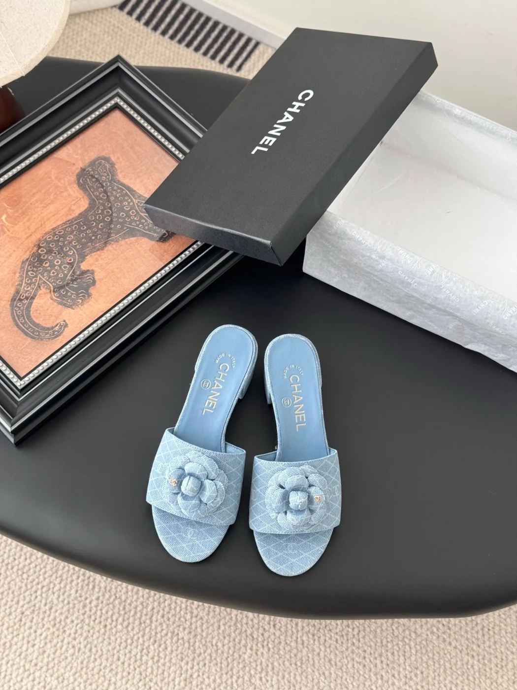 Chanel Women Light Blue Fabric Floral Slide Sandals product view 1