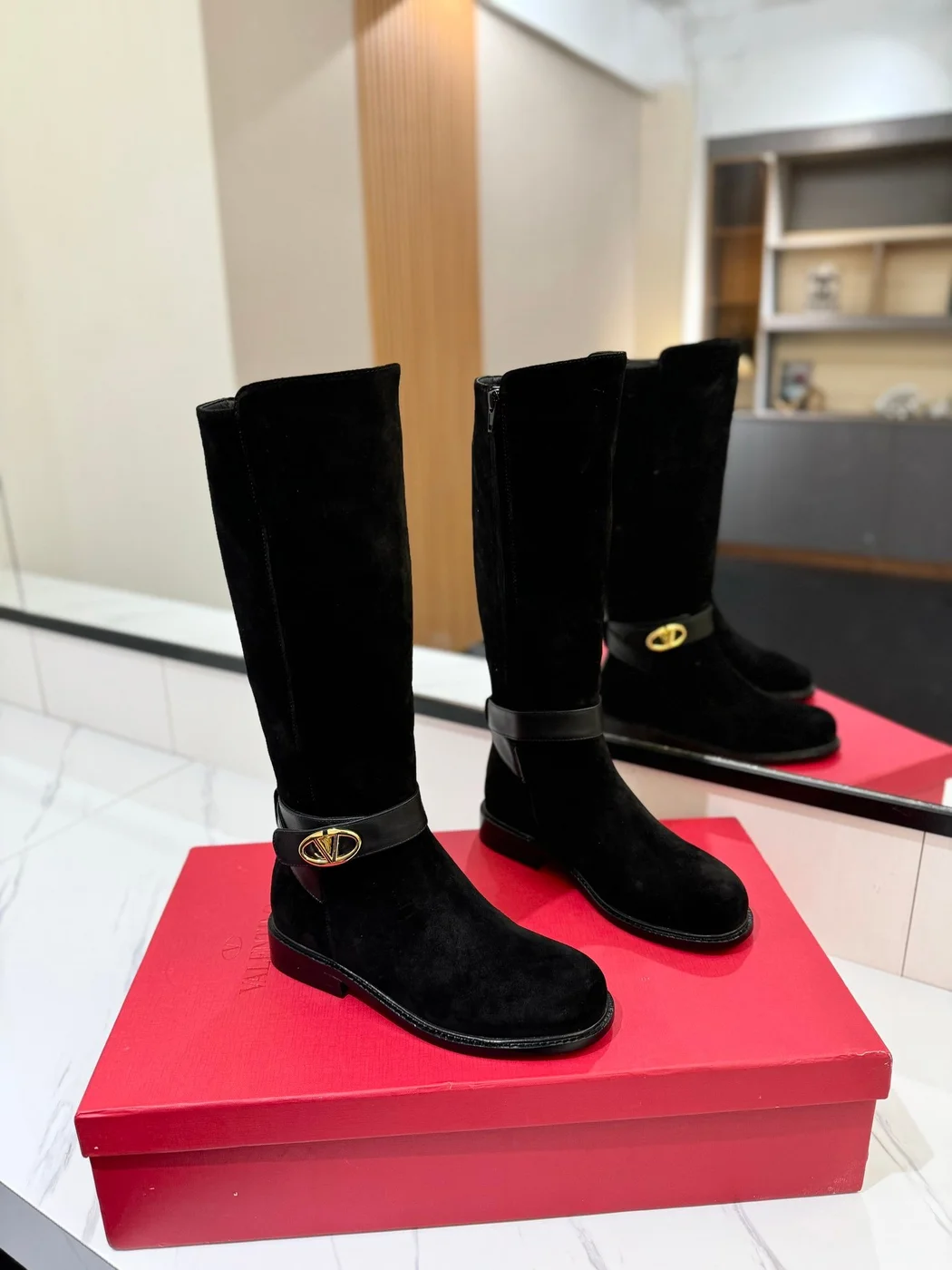 Valentino Women Black Suede Strap Boots — Knee Height product view 1