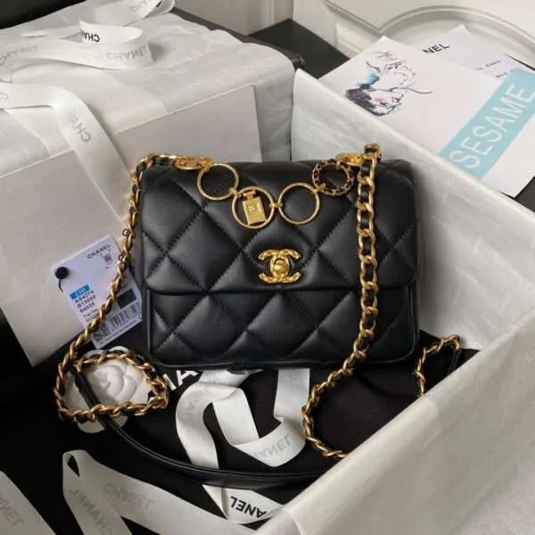 Chanel Smooth Black Leather Handbags Demi Lock Black Gold 13x17x6cm product photo