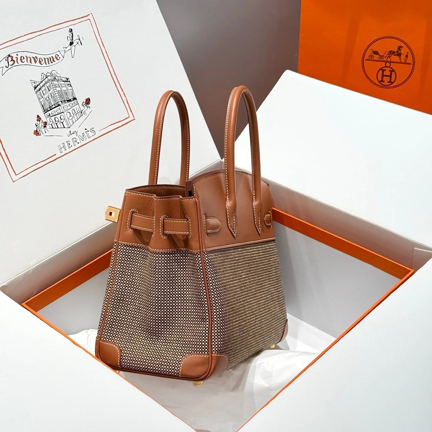 Hermès Birkin 30 cm In Gold Swift And Black/White/Brown Toile Canvas Bag product view 3