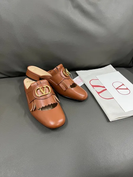 Valentino Women Brown Leather Fringe Mules product photo