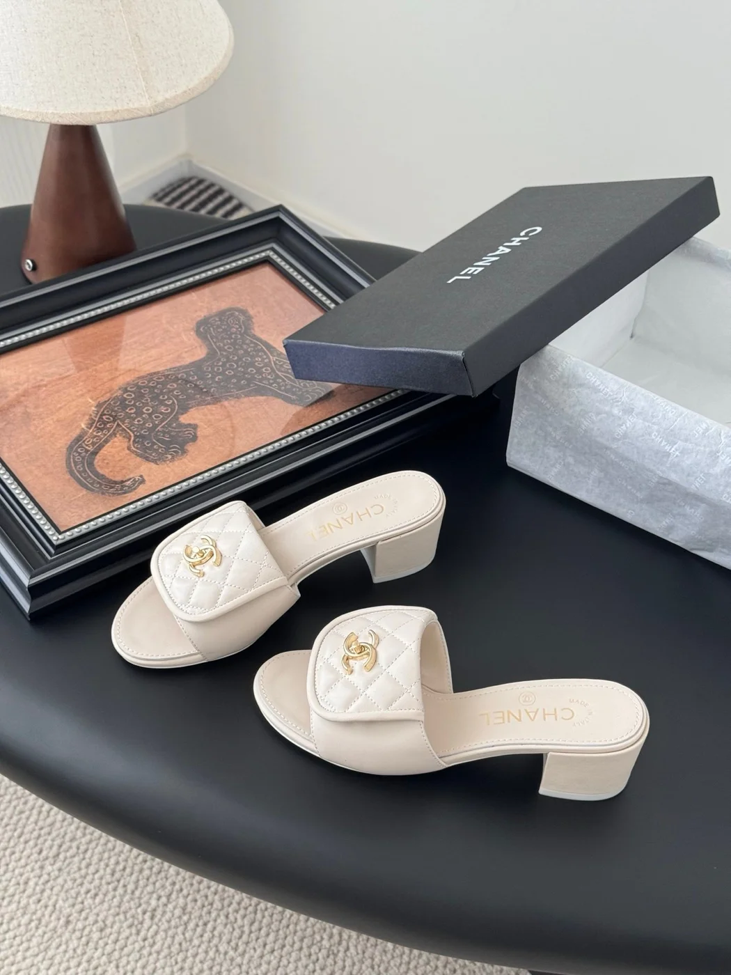 Chanel Women Ivory Quilted Leather Mules — Chain-Woven CC Detail product view 2