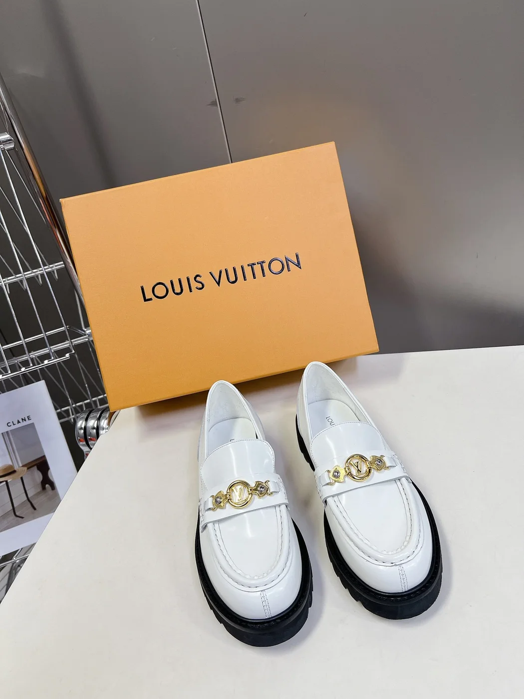 Louis Vuitton Women White Leather Loafers — Gold-Tone Chain Detail with Lug Sole product view 3