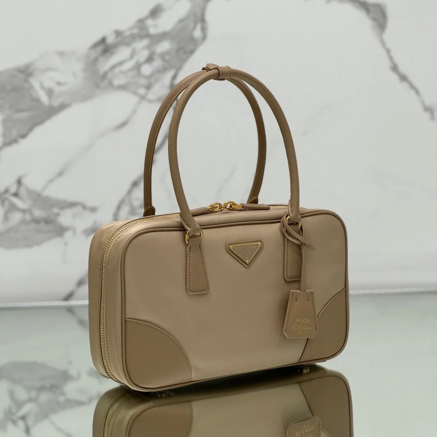 Prada Medium Top Handle Bag 30 In Dried Moss Nylon And Calfskin Trim product view 2