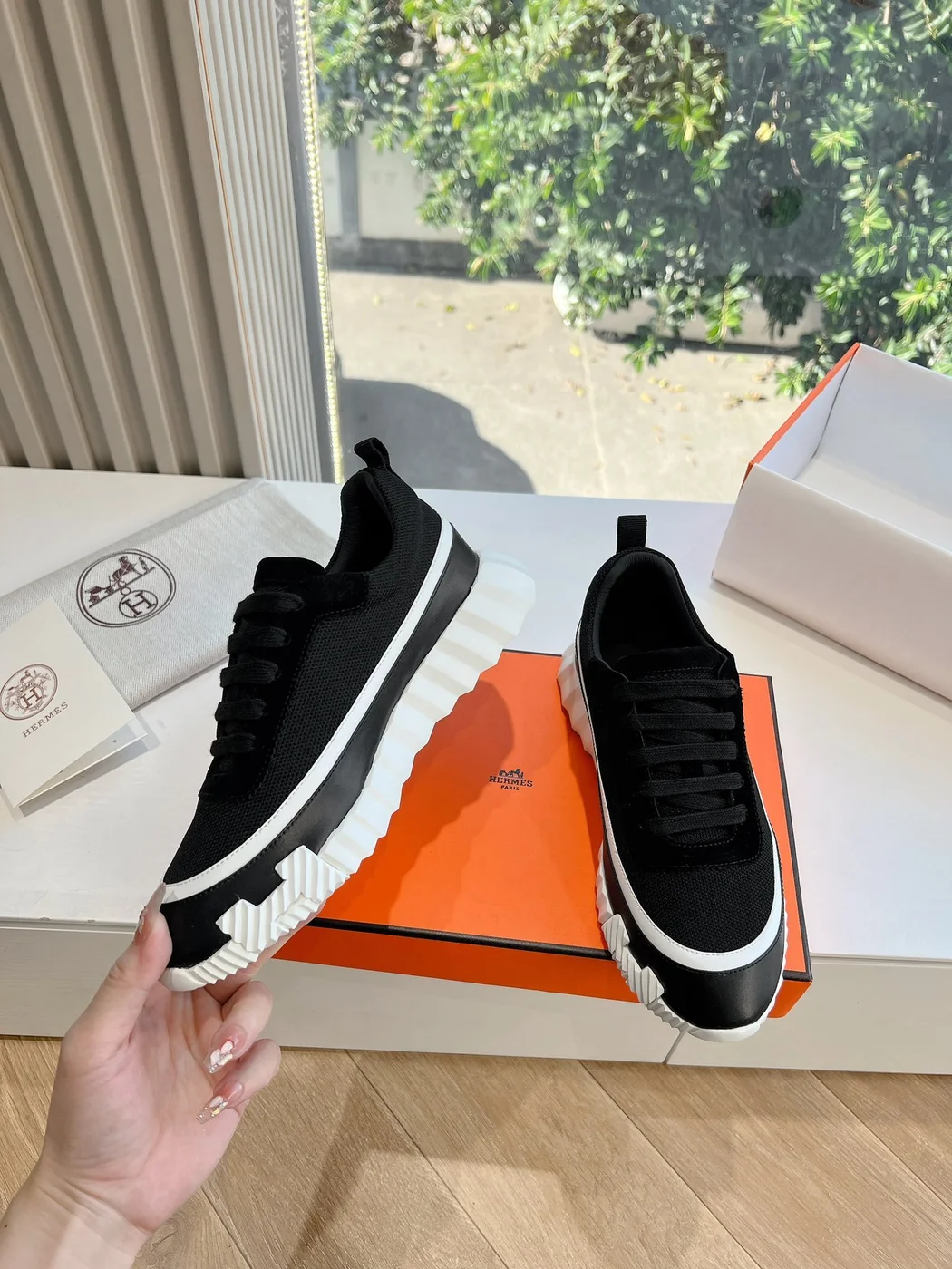 Hermès Women Black Mesh And Leather Sneakers product view 6