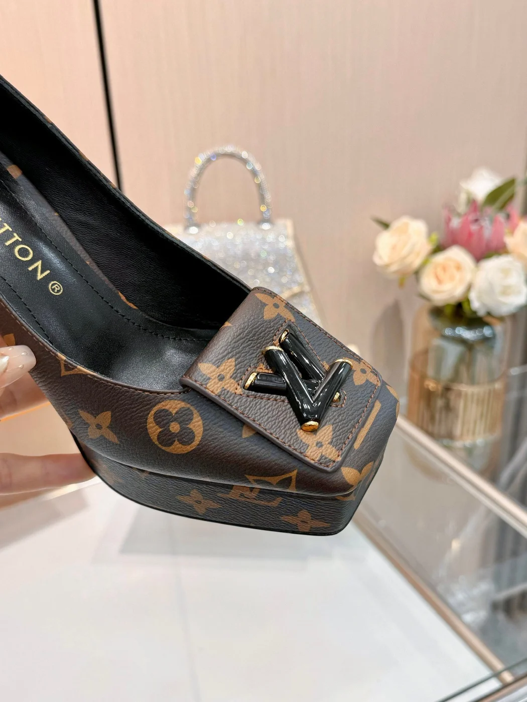Louis Vuitton Women Brown Leather Platform Heels product view 3