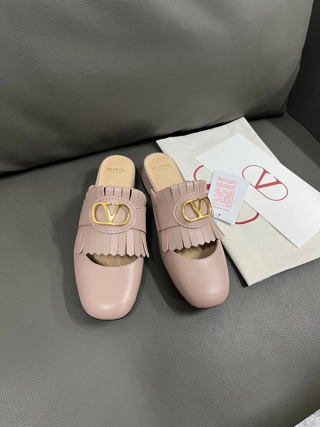 Valentino Women Blush Pink Leather Fringe Mules product view 1