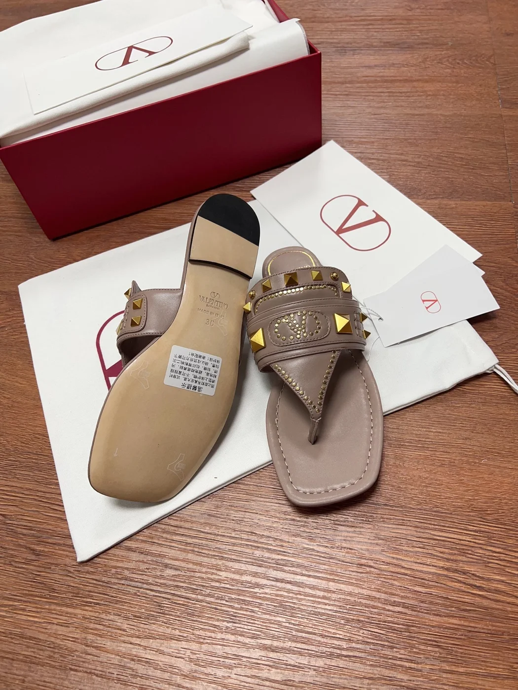 Valentino Women Taupe Leather Studded Sandals product view 6