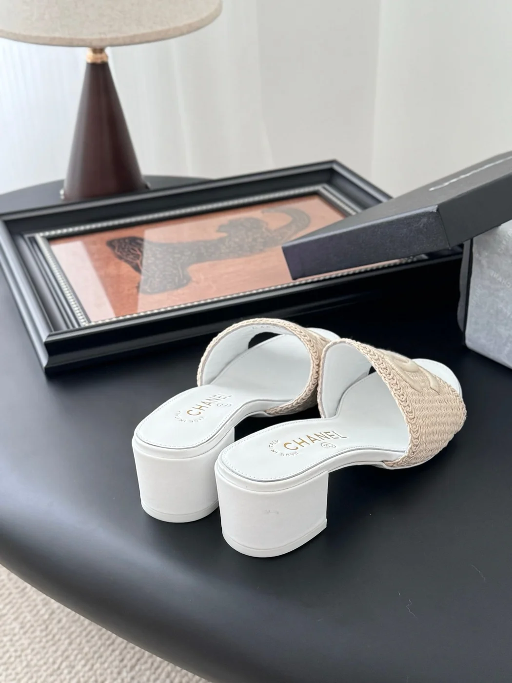 Chanel Women Woven-Fabric Slides — Beige with White Heeled Sole product view 3