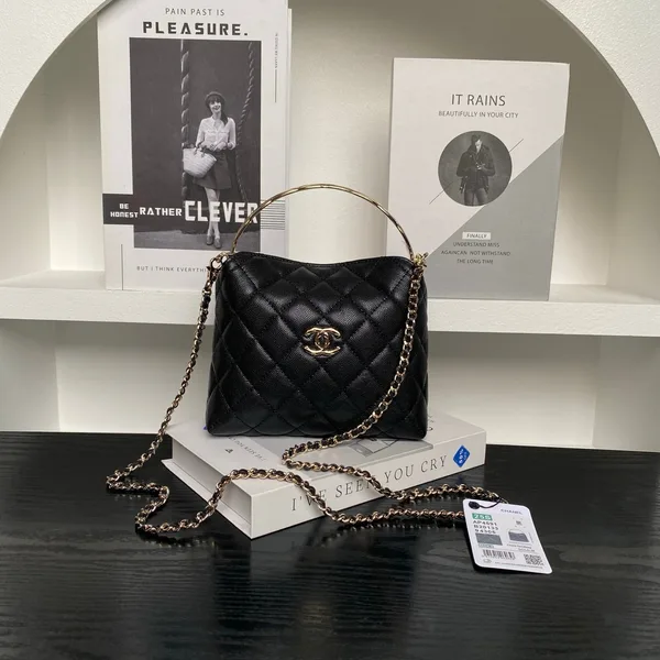 Chanel 24A Hobo Handbag in black quilted caviar leather product photo