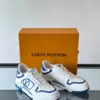 Louis Vuitton Men White and Blue Sneakers — Oval LV Side Detail product view 6