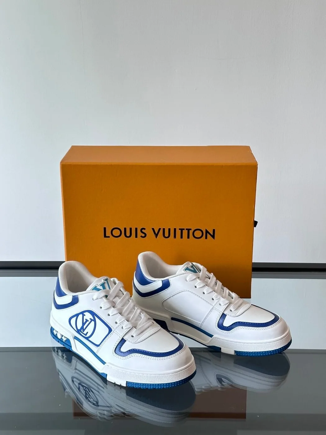 Louis Vuitton Men White and Blue Sneakers — Oval LV Side Detail product view 6