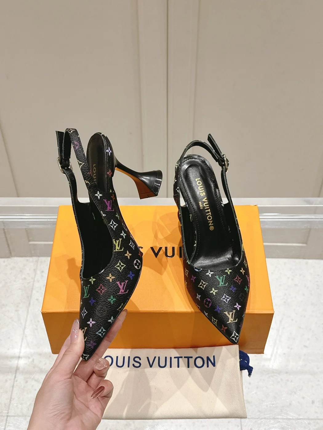 Louis Vuitton Women Black Patterned Leather Heels — Multicolor Pattern product view 4