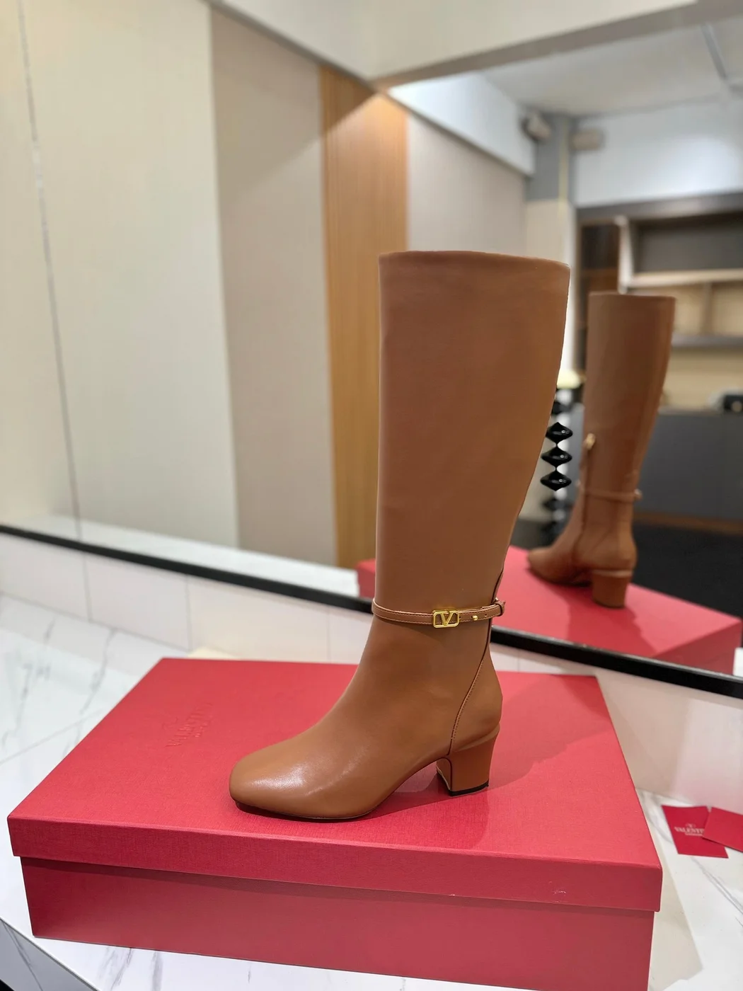 Valentino Women Tan Leather Mid-Calf Boots product view 5