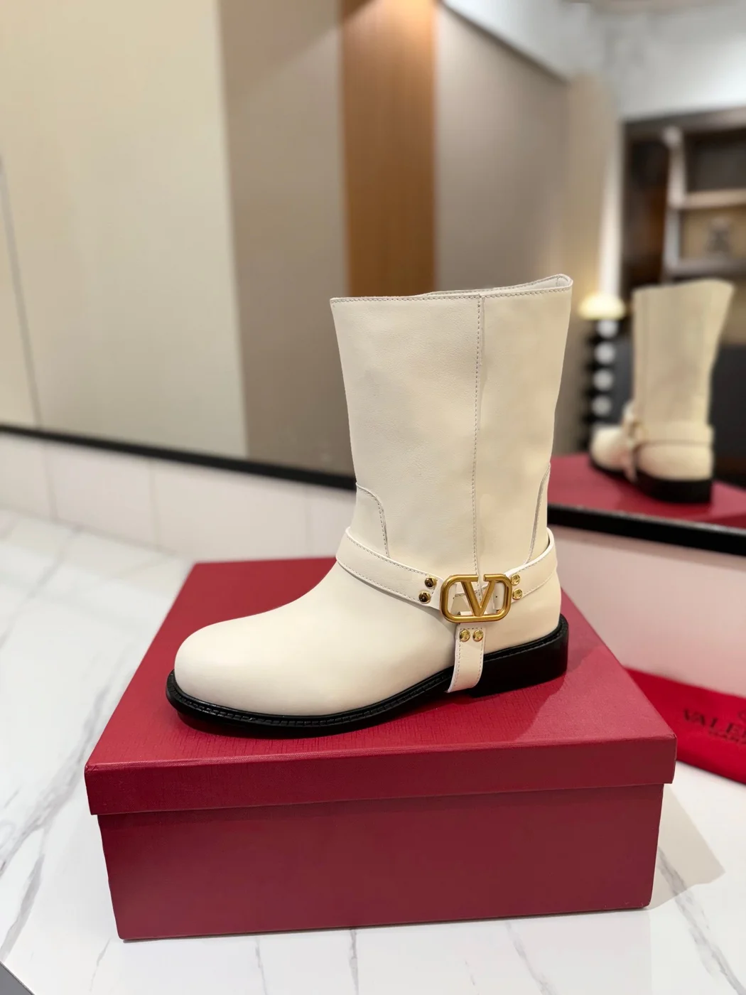 Valentino Women White Leather Mid-Calf Boots product view 5