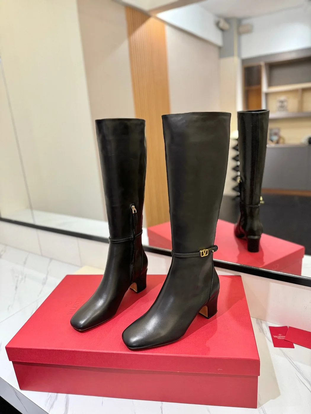Valentino Women Black Leather Knee High Boots — Heeled Ankle-Strap Style product view 3